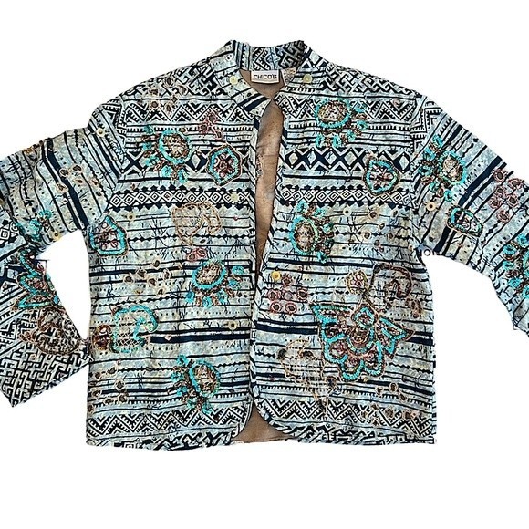 Chico’s Linen Blend Boho Embroidered Jacket with Sequins Size 0 - Picture 1 of 12